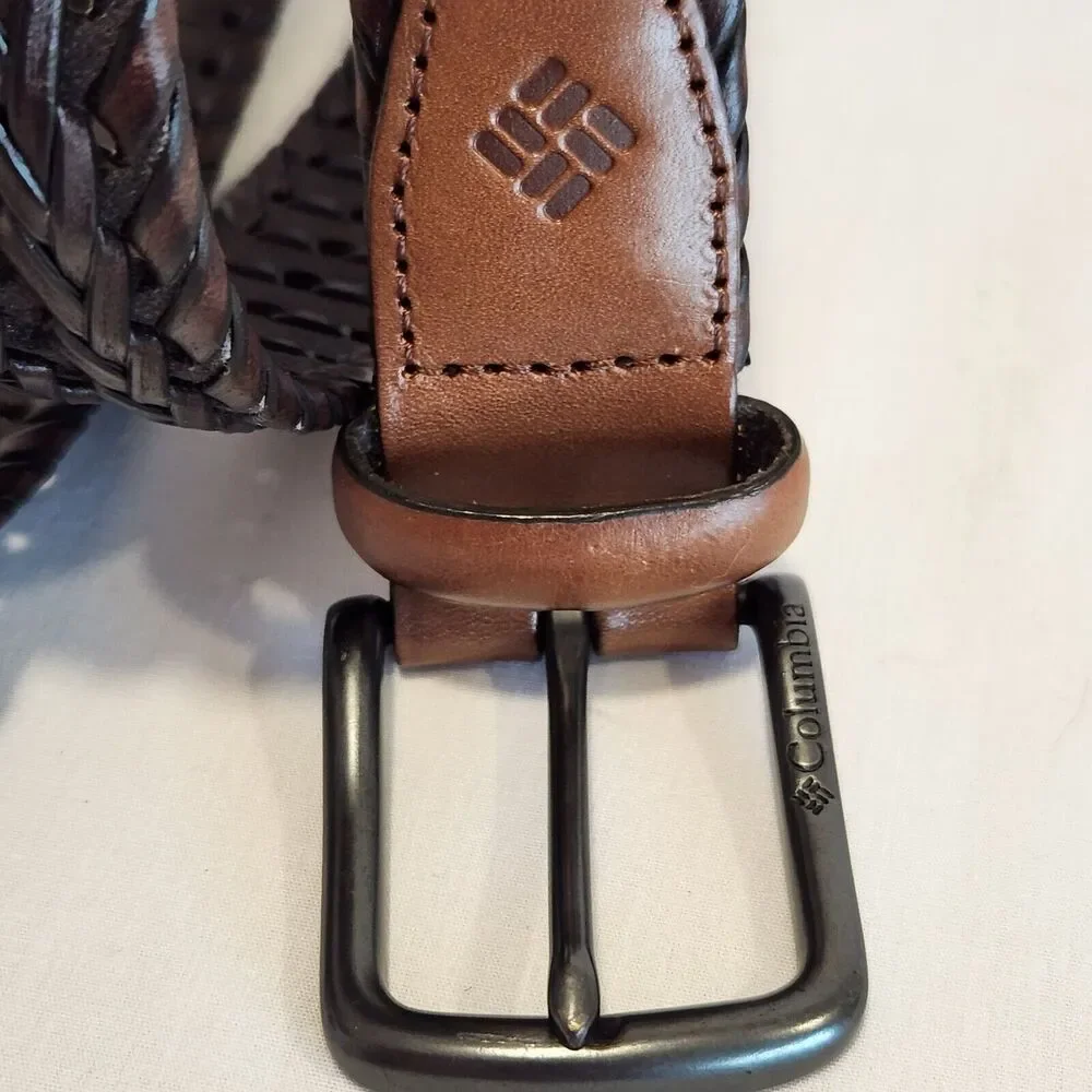 Columbia Mens Braided Belt Dark Brown Woven Leather Trim Small 30-32 11CO140001